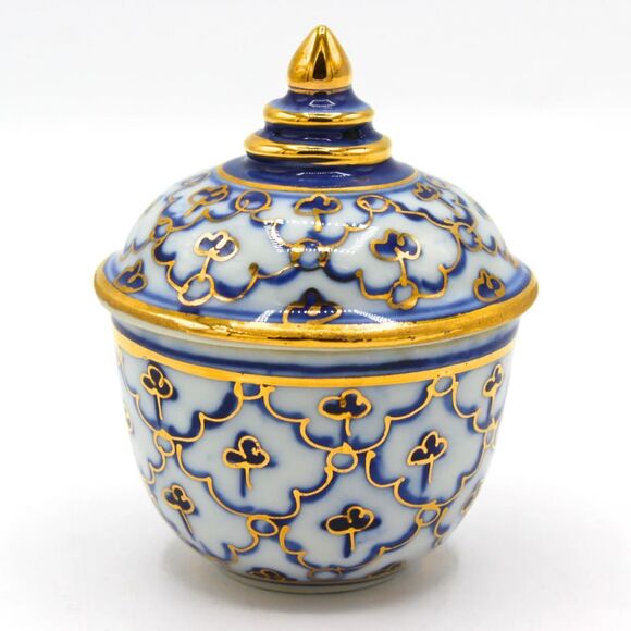 Vintage Porcelain Benjarong Jar with Lid Cobalt Blue, White & Gold Hand Painted - Picture 1 of 4